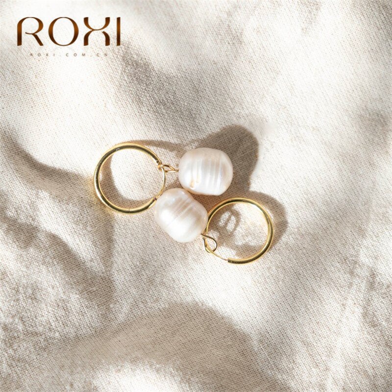 ROXI Freshwater Pearl Pendant Hoop Earrings for Women Gold Loop Circle Earrings Baroque Pearl Huggie Earring Trendy Jewelry