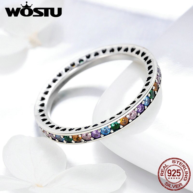 WOSTU Echt 925 Sterling Silver Rainbow Kleurrijke CZ Stone Ringen Voor Vrouwen Luxe Party Zilveren Sieraden CQR392