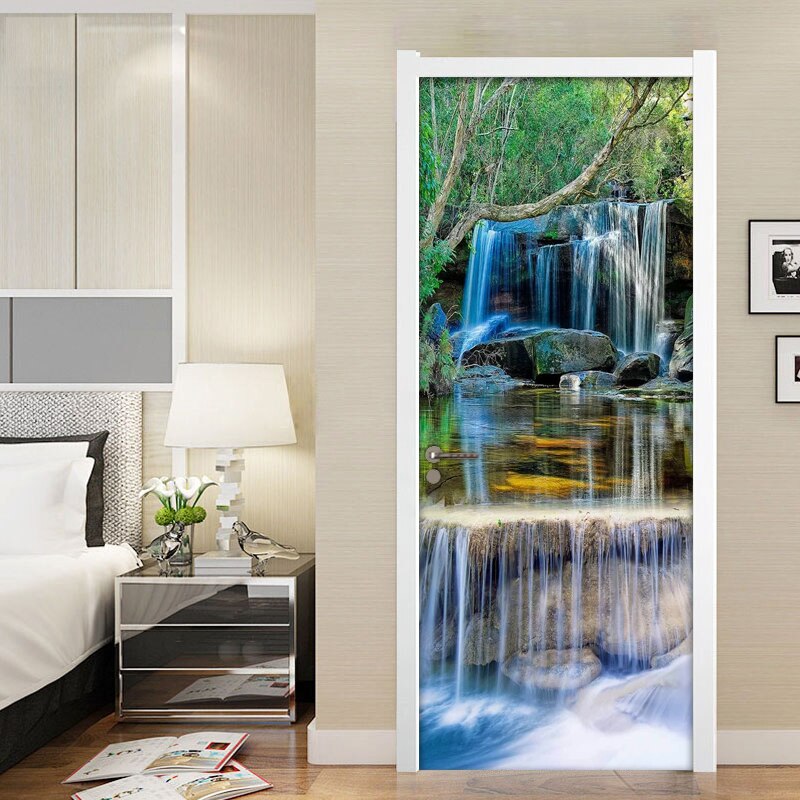 Waterfall Scenery Door Sticker Waterproof Self-Adhesive Wallpaper Wall Decals Living Room Bedroom Door Decoration Mural Stickers