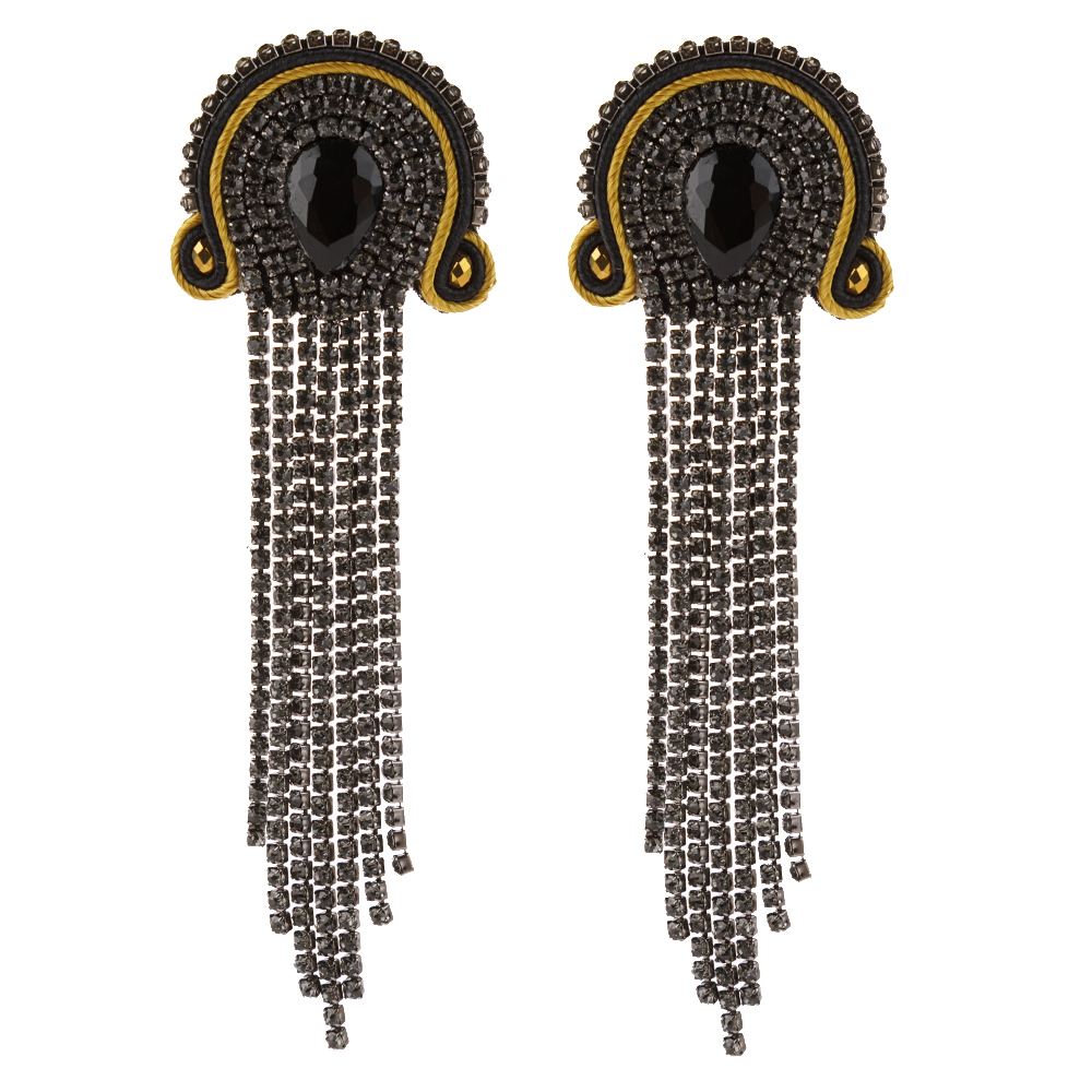 KPacTa Handmade Weaving Soutache Vintage Full Crystal Long Tassel Earrings For Women Temperament Earring Banquet: black