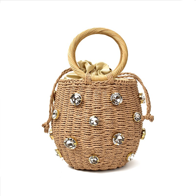 Sac d'été en paille pour femmes, fait à la main, en forme de seau, fourre-tout, pour la plage, sacs à main avec anse: Marron clair