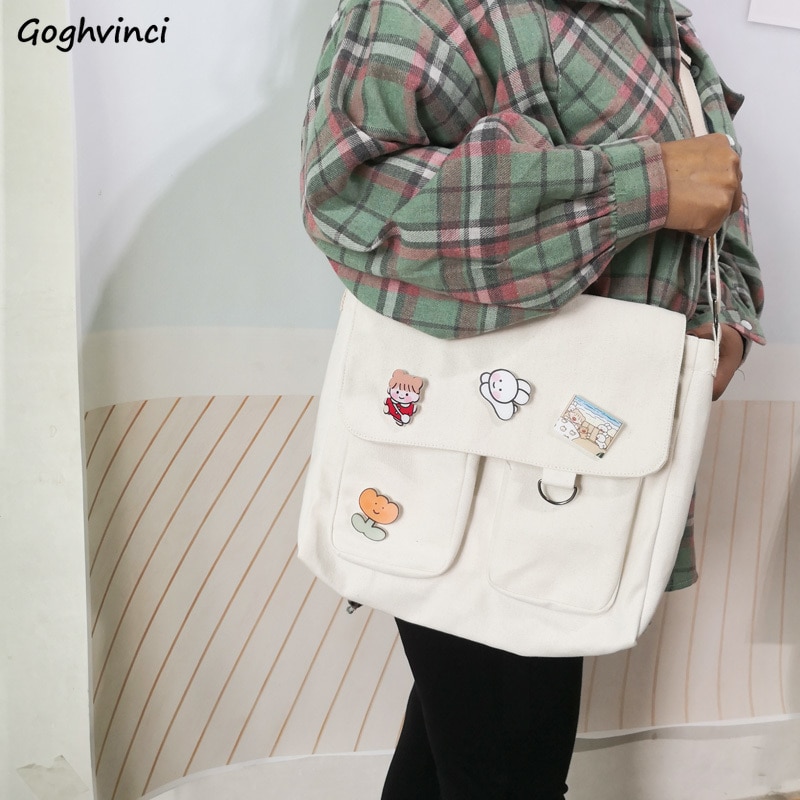 Shopping Bags Women Cute Kawaii Multi Pockets Casual Students Large Capacity Canvas Bag Preppy Crossbody Females Ulzzang