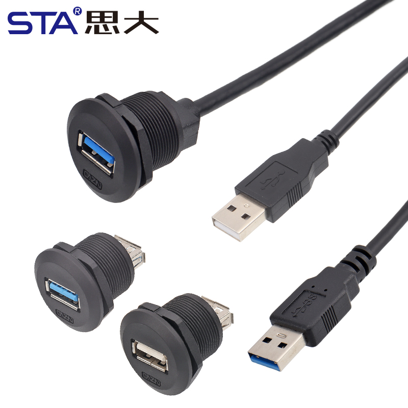 USB2.0 Panel Board Front Installation Female Socket with Male Straight Plug PVC Threaded USB3.0 Connectors 30cm Wire USB-A