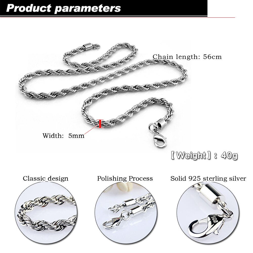 Herren-halskette mit anhänger aus sterlingsilber im retro-stil, 100% 925 zoll 5 mm ca. 20-24 cm) lange, gedrehte kette, massives silber, herrenschmuck