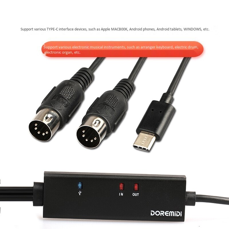 Doremidi mtu -11 midi til usb c type c kabel usb midi konverter med indikatorlys til android