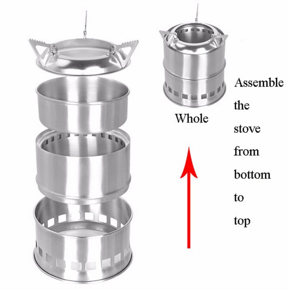 Portable Stainless Steel Wood Burning Camping Stove 3-Arm Support Detachable Stove for Outdoor Cooking