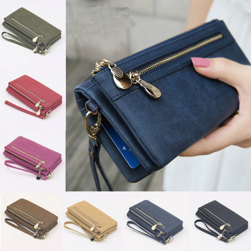 Women Wallets Dull Polish Leather Wallet Double Zipper Day Clutch Purse Wristlet Portefeuille Handbags Carteira Feminina