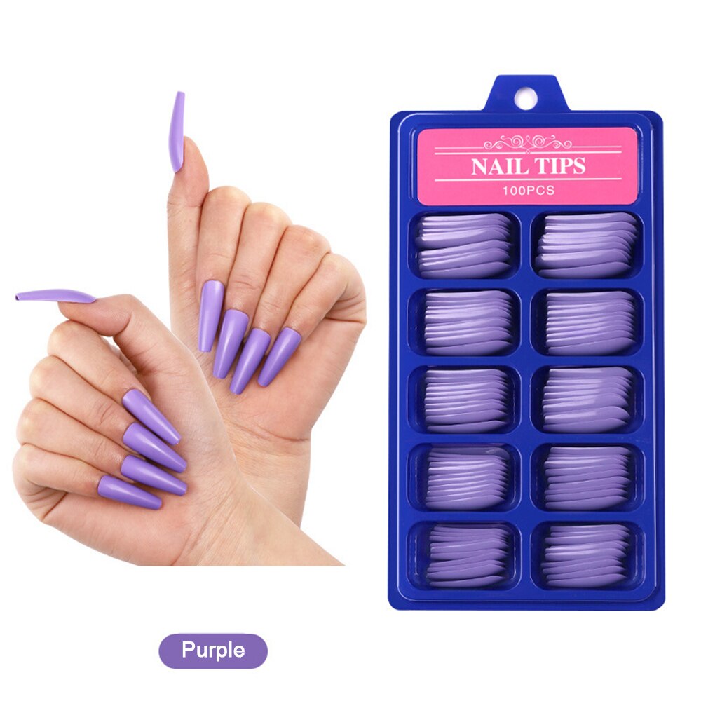100 pièces/boîte couleur pleine couverture faux ongles conseils artificiels faux ongles longue ballerine couleur Pure pointe d'ongle 10 tailles outil de manucure: Purple