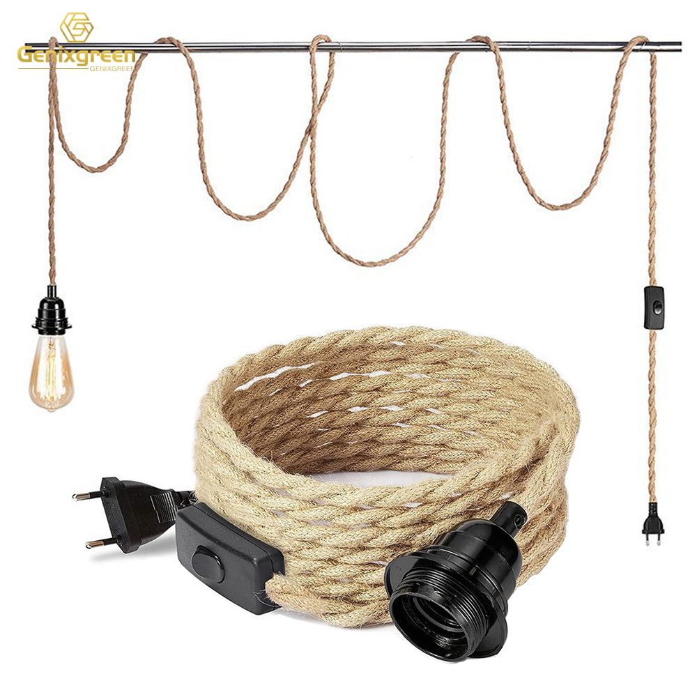 Genixgreen DIY Cable trenzado Base de lámpara cuerda Cable eléctrico 2 núcleos 2M 3M E27 enchufe de la UE enchufe de plástico Vintage ON OFF Cable de interruptor
