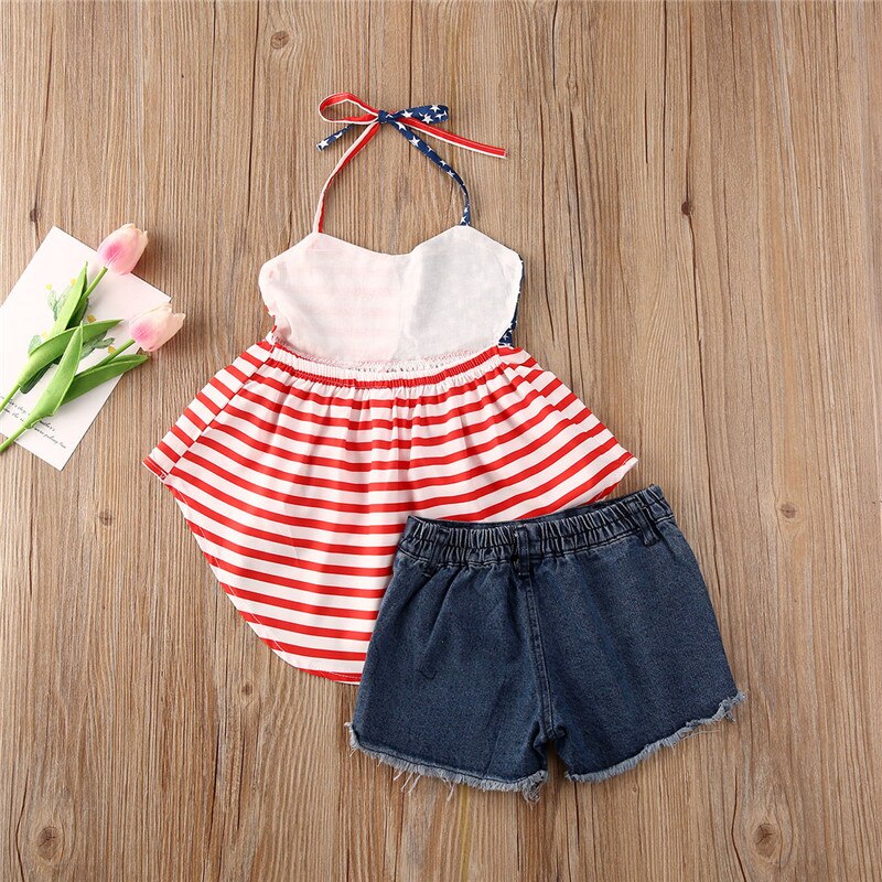 1-6Y Bambini Vestiti Delle Ragazze per Independence Day Estate 4th of July Insiemi Della Ragazza A Strisce Halter Della Maglia + Denim Shorts Bambini baby Girl Set