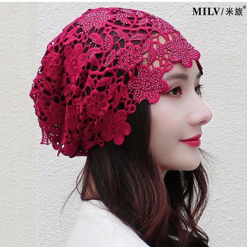 Spring Summer Hats For Women Lace Hollowed Crochet Flower Thin Beanies Skullies Ladies Headgear Turban Hat Female Bonnet: red