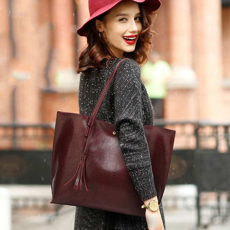 Fggs-bolsa tote de couro macio feminino da tassel bolsa (vinho tinto)