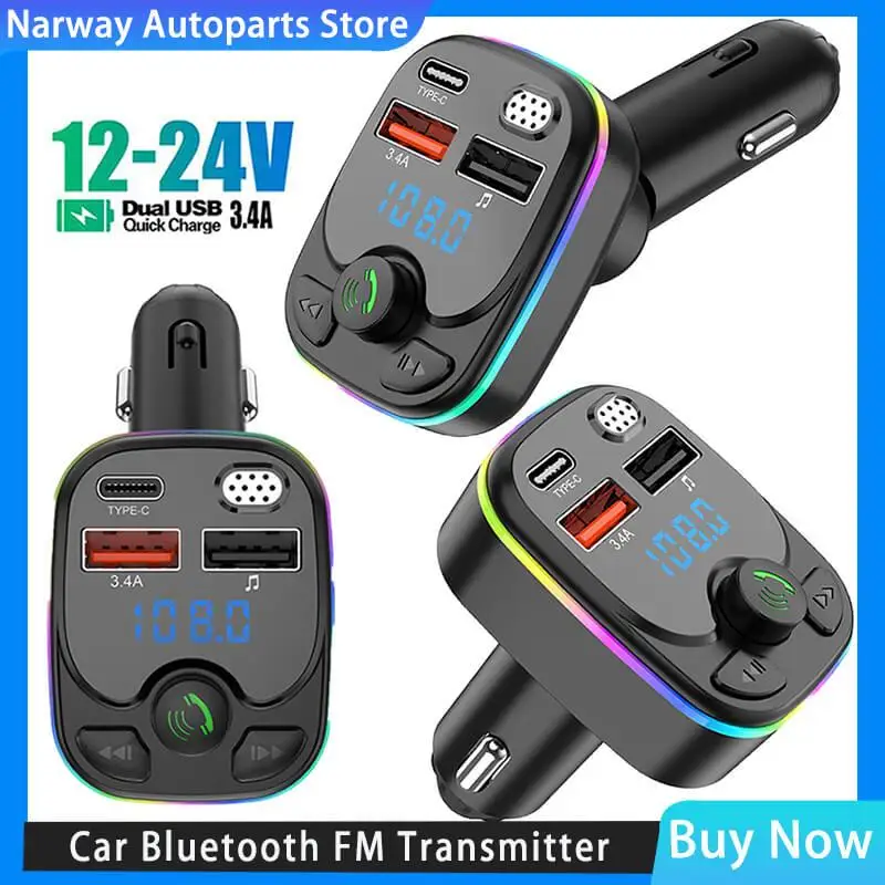 Transmisor FM manos libres Bluetooth 5,0 para coche PD tipo C Dual USB 3.4A luz ambiental colorida reproductor modulador MP3 2023