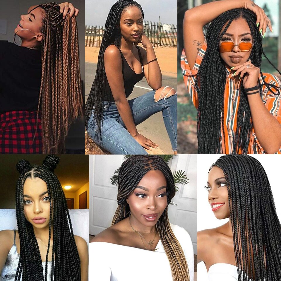 Donghou Box Braided Wigs for Black Women 26 Inch Ombre Long Micro Braids Wig Heat Resistant Fiber Small Box Braids Glueless Wig