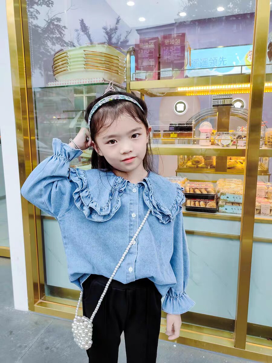Top per ragazze adolescenti camicie di cotone Denim con collo arricciato per 6 8 10 12 anni camicetta per bambini blu primavera per bambini
