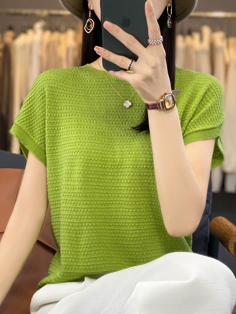 Neue Wolle Lyocell Kurzarm T-shirts Pullover frauen Oansatz Batwing Hülse Pullover Weste Sommer Gestrickte Bodenbildung T-shirt