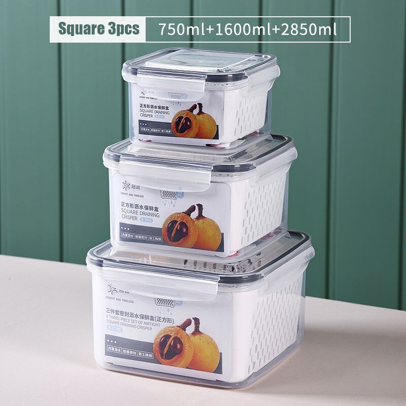 3PCS Kitchen Storage Basket Container Refrigerator Storage Box Fridge Fresh Kitchen Organizer Vegetable Fruit Boxes Drain Basket: NJG226C-3pcs