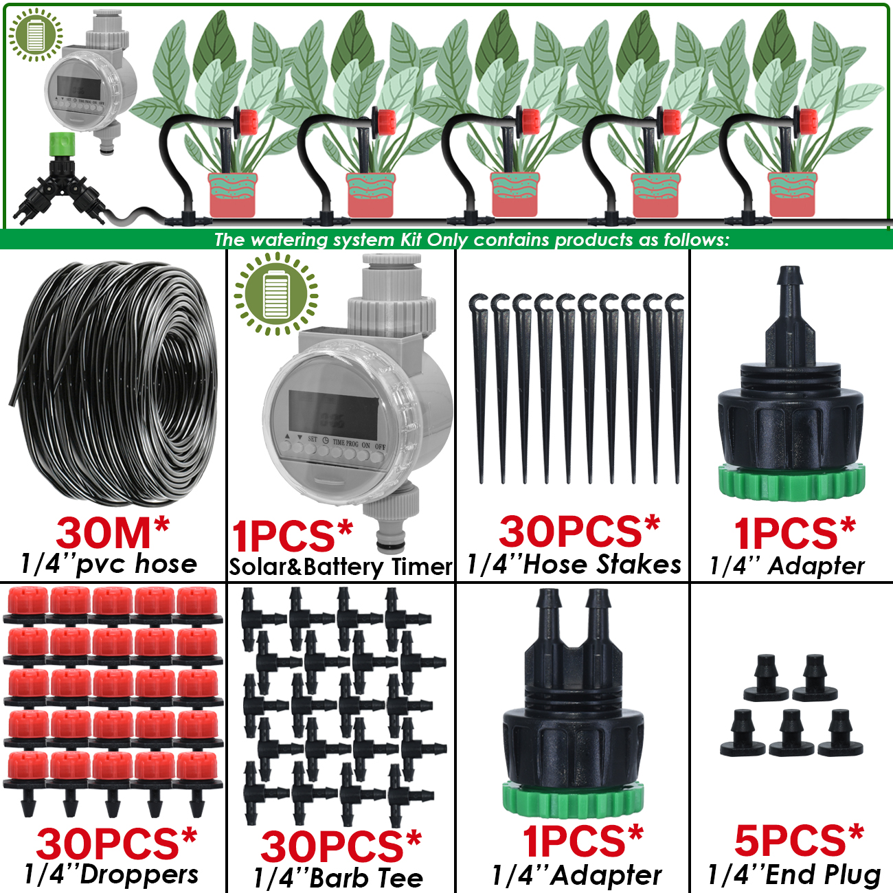 Kit automático de rega de jardim KESLA conta-gotas micro irrigação por gotejamento, bricolage para vaso, gramado, legumes, estufa, 5-50m: Preto