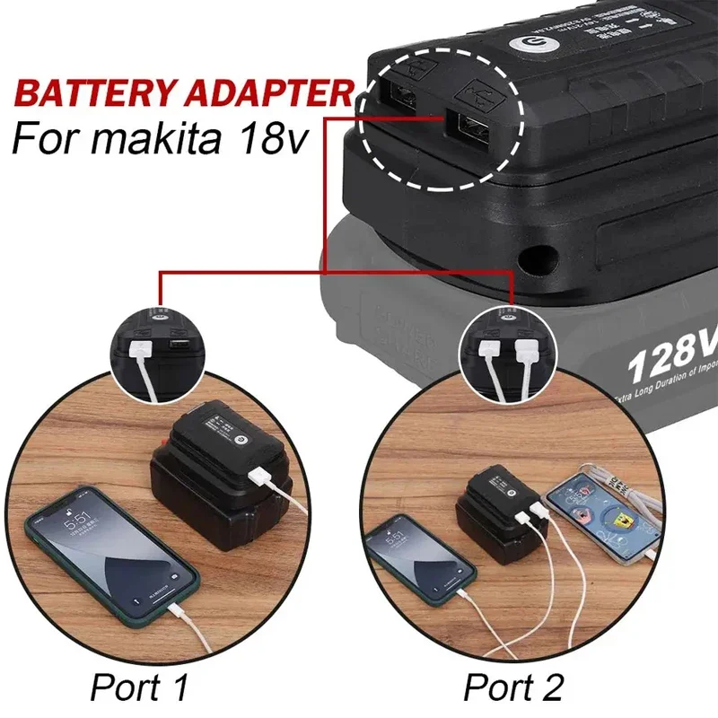 Adapter led-arbejdslampe til makita 14.4v/18v li-ion-batteri  bl1830 bl1430 bl1850 stk . dobbelt usb-konverter med led-lampe til makita