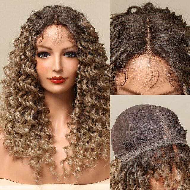 LOUIS FERRE – perruque Lace Front Wig synthétique brun ombré 13*1 T, perruque mi-longue, Deep Curly, résistante à la chaleur pour femmes claires