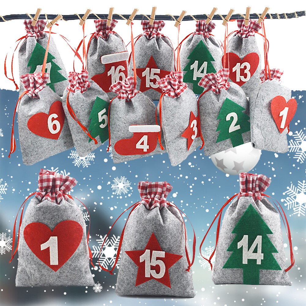 24 stk jul adventskalender håndværk stof taske jul nedtælling kalender hængende filt slikposer år xmas dekor