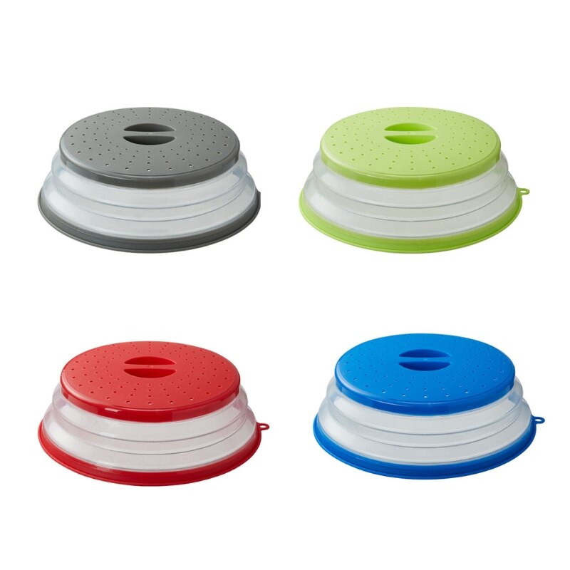 62KC Vented Collapsible Microwave Lid Splatter Proof Food Plate Cover Easy Grip Handle Vapor Holes Dishwasher Safe
