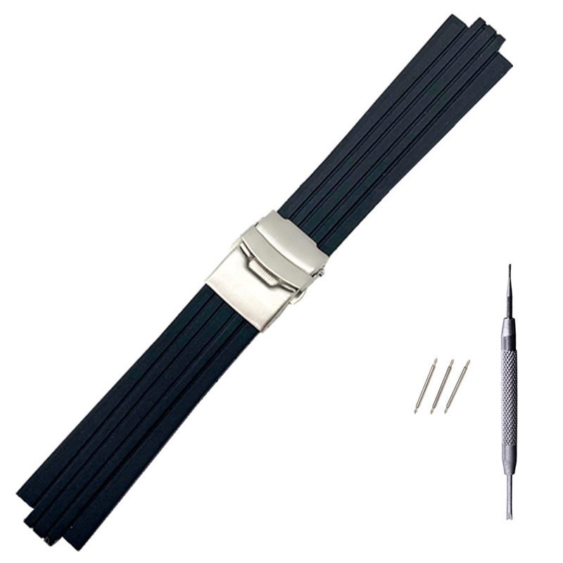Silikone urrem til oris aquis urrem konveks rem rustfrit stål sikkerhedsspænde håndledsrem sort 24mm x 11mm: 25mm
