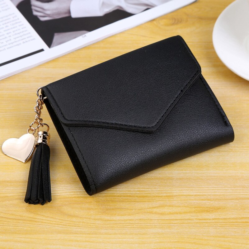 Cartera de cuero Pu con borlas para mujer, cartera con colgante, Portable, con botón, para tarjetas: black