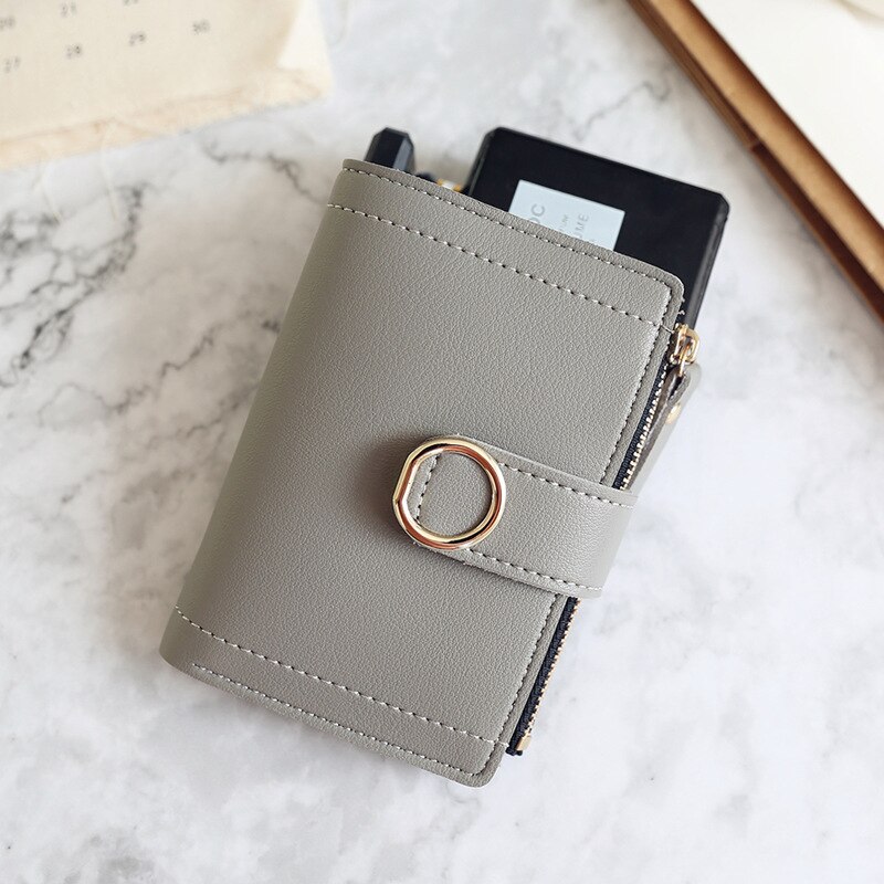 Wallet Leather Women Wallet Long Pu Leather Purse Zipper Metal Circle Decor Wallets Female Hasp Coin Purse Clutch Black: Short-Gray