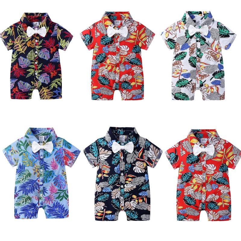 Baby Zomer Kleding Baby Kids Baby Jongens Romper Leaf Print Vlinderdas Turn-Down Kraag Korte Mouwen Jumpsuit
