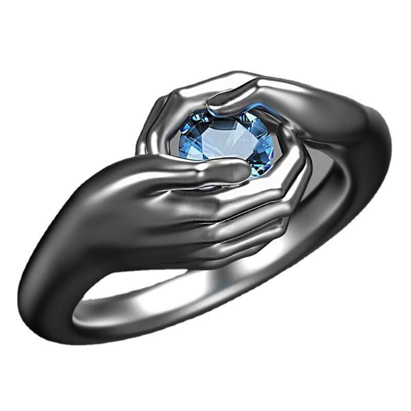Anello di zircone di cristallo blu tenuto in mano di Design unico per le donne regalo di san valentino classico coppia abbraccio anello di fidanzamento di nozze gioielli