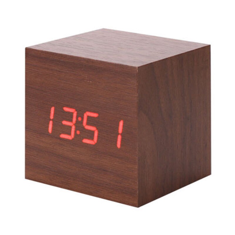 Träkub digital ledd skrivbordslarmtermometer timer kalender usb klocka b