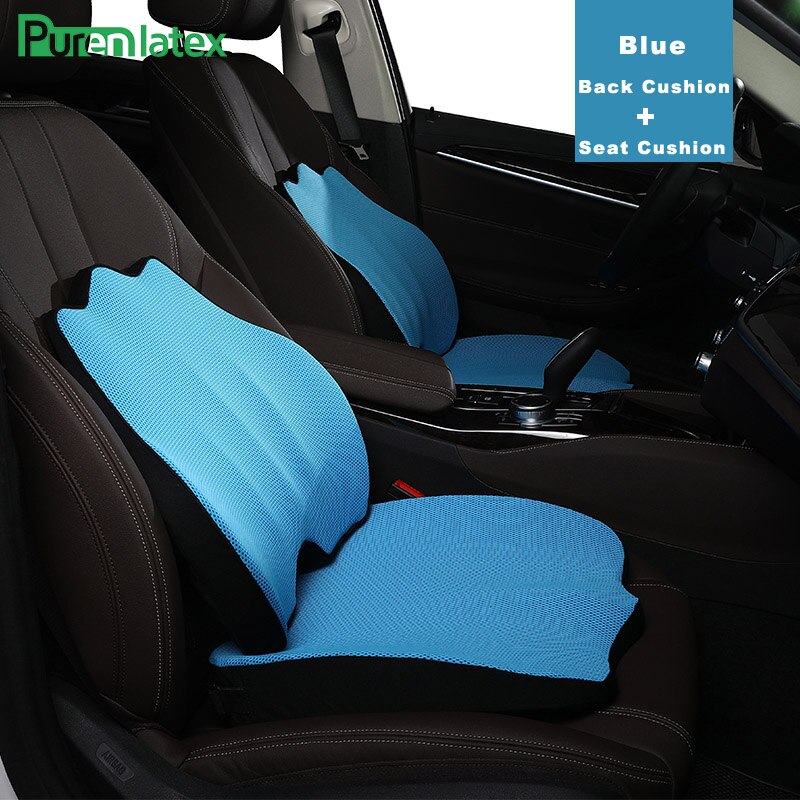 Purenlatex memory foam hovedpude sæde rygpude beskytter nakke cervikal halebenet pude til iskias og rygsmerter: Blå 2 sæt sæt