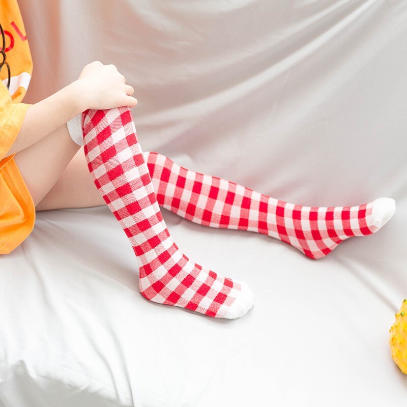 Autumn Winter Red Striped Over The Knee Socks Girls Kids Kawaii Cute Checkered School Girl Long Socks Cotton: Red / 42 cm