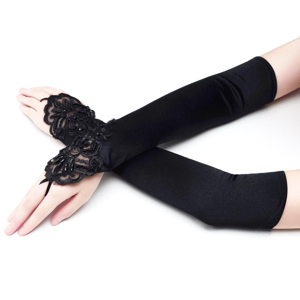 Ladies Long Bridal Glove Sheer Beading White Lace Fingerless Satin Gloves for Bride Weeding Accessoire vestidos de novia