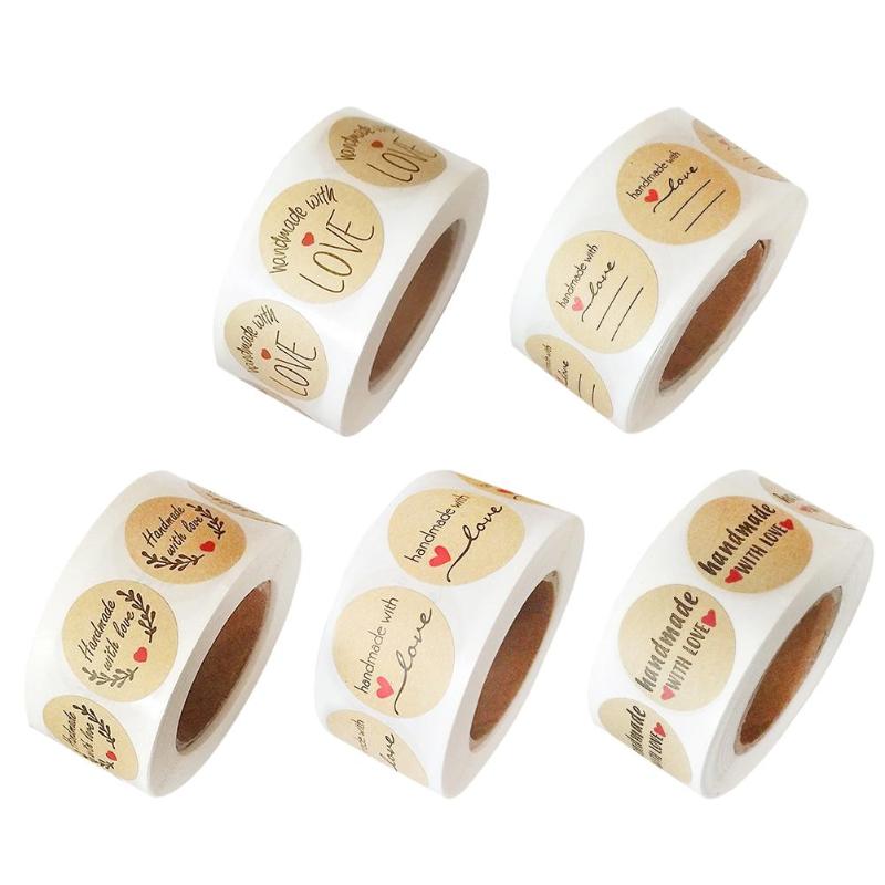 500 Labels/Roll Stickers Liefde Handgemaakte Cadeau Bakken Cookie Seal Labels Natuurlijke Kraft Decoratieve Accessoires