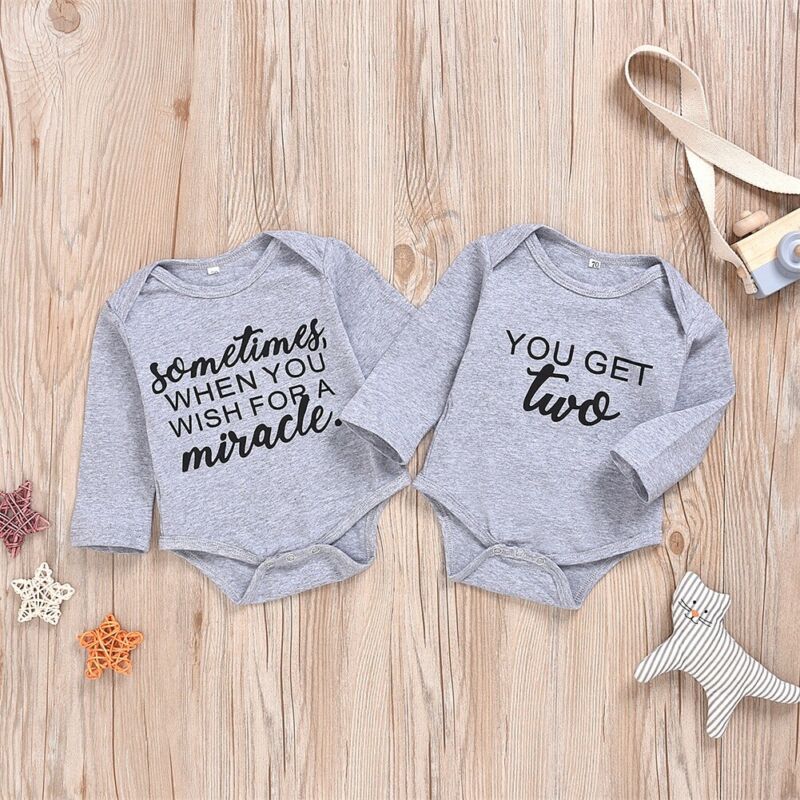 Baby Twins Clothes 2 Pieces Newborn Clothes Baby Boys Bodysuit Gray Letter Long Sleeve Jumpsuits Toddler Baby Girls Bodysuit Set