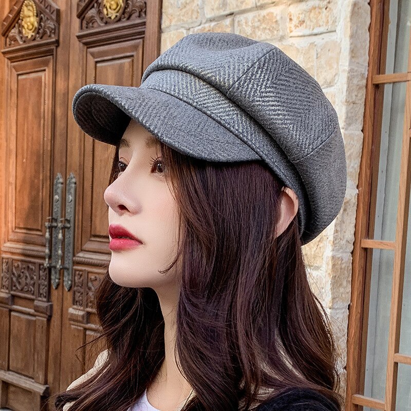 HT3389 Women Berets Striped Octagonal Newsboy Cap Vintage Artist Painter Beret Hat Female Autumn Winter Hat Beret Cap: Gray
