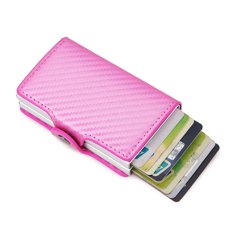 Tarjetero antirrobo para hombre, tarjetero con bloqueo Rfid doble, caja de aluminio de seguridad de cuero, monedero de Metal, tarjetero: Rosa