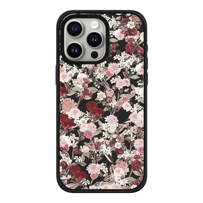 Magnetisk sort frostet telefoncover med blomstermotiv i koreansk museumstil til iphone 13 14 15, 16 pro max: Ægte læder / Beige
