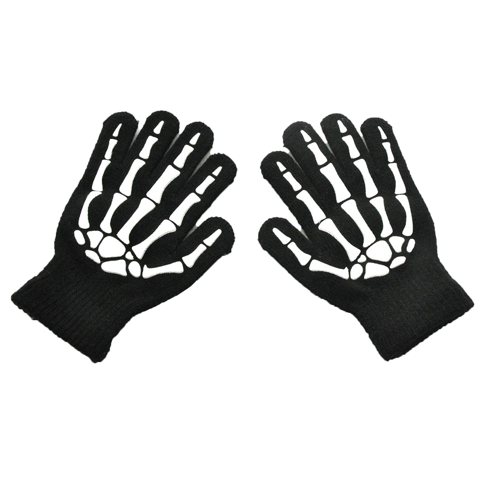 Cool Fluorescerende Skelet Handschoenen Voor Kinderen Jongens Meisjes Wanten Schedel Handschoenen Warm Winter Zwart Print Breien Lichtgevende Handschoen