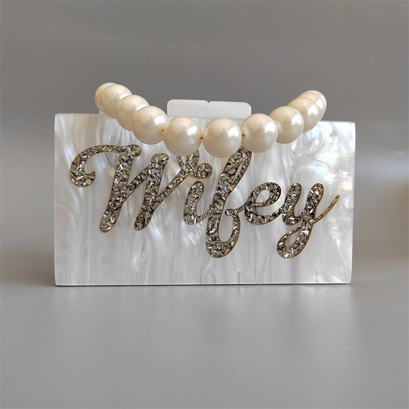 Naam Brief Wifey Avondtasje Met Ketting Schoudertas vrouwen Handtassen Portefeuilles Avondtasje Voor Wedding Party Acryl Box clutch: bead chain