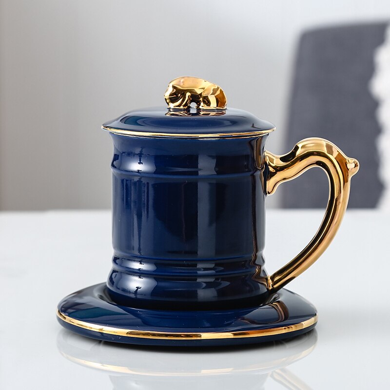 ceramic cup office boss cup coffee cup breakfast water cup large capacity Tea Mug with cover: Sapphire Blue Cup