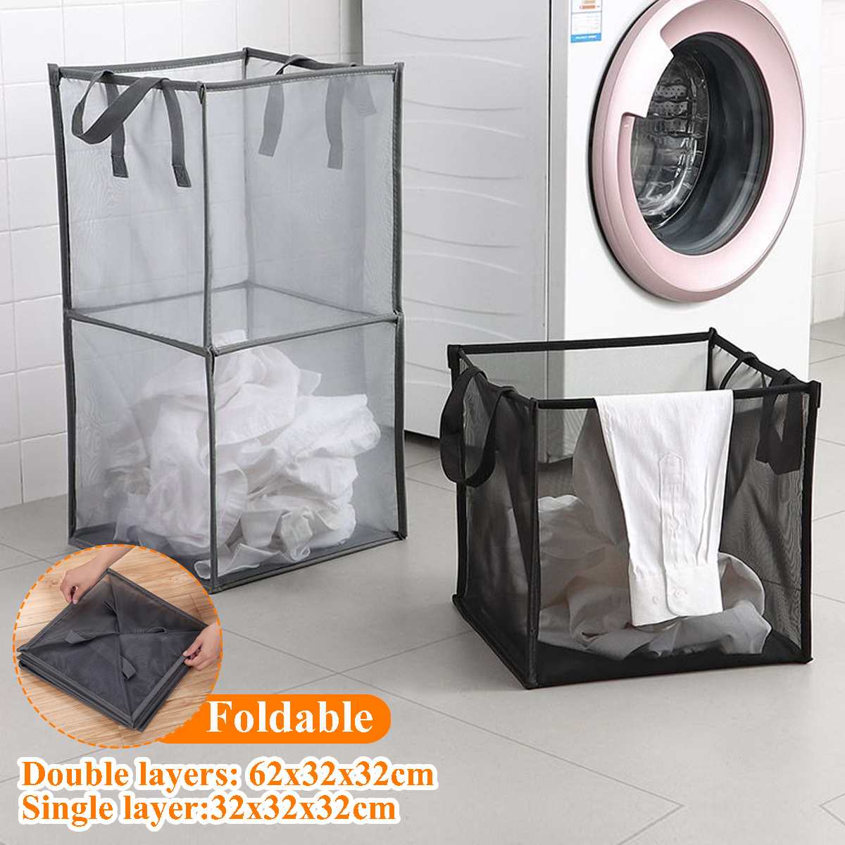 Breathable Mesh Foldable Laundry Basket Organizer For Dirty Clothes Laundry Hamper large Sorter Grids Collapsible Folding Basket