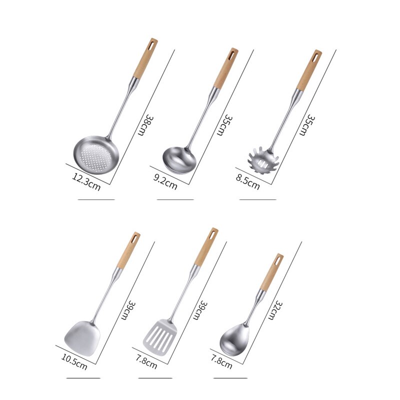 Espátula para utensilios de cocina, cuchara con colador, cucharas para sopa, pala ranurada, utensilios de cocina de acero inoxidable, batería de cocina mango de madera, cocina