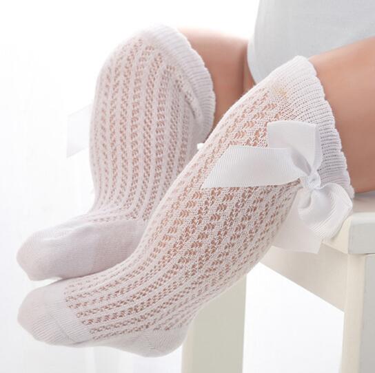 Crianças meninas grande arco na altura do joelho meia alta algodão macio rendas menina meias arco do bebê joelho longo recém-nascido meias novas crianças: white mesh sock / Fit 2 to 4 year