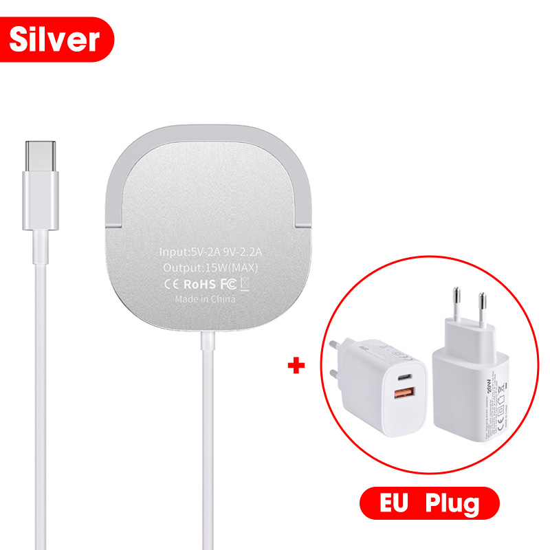 15W Magnetische Draadloze Oplader Voor Iphone 13 12 Pro Max Mini Qi Fast Charge Voor Samsung Usb C Pd adapter Originele Magneet Charger: Silver With EU Plug