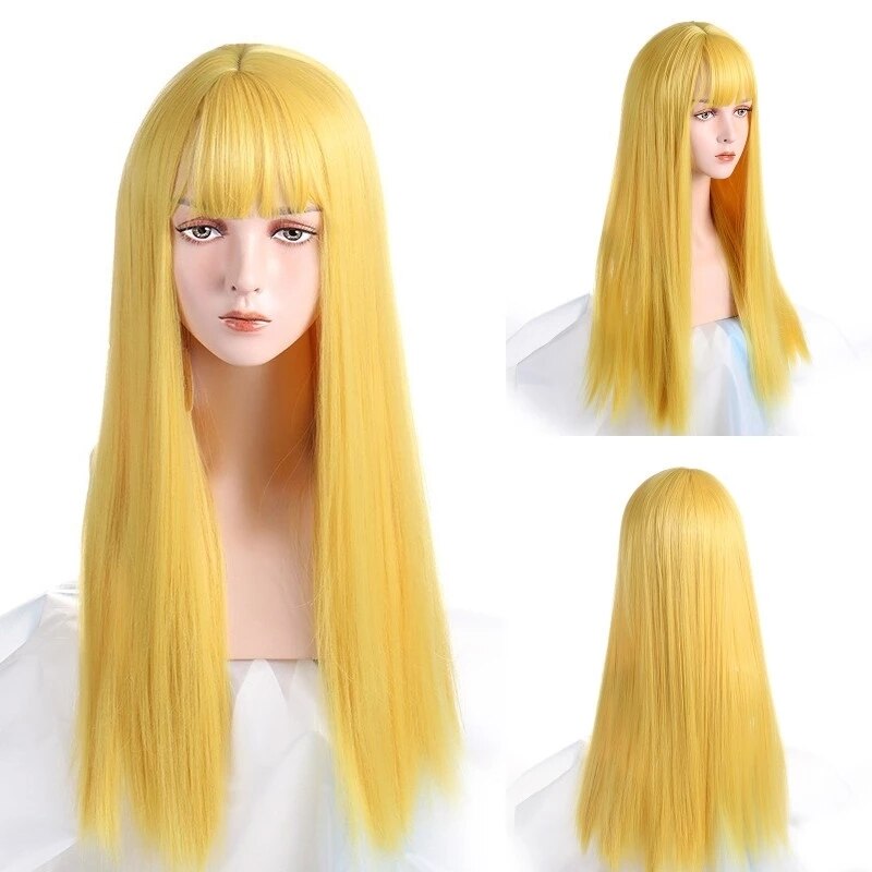 VICWIG Medium Length Cosplay Wig With Bangs Light Orange Synthetic Straight Hair Heat-resistant Rose Net Wigs For Women: Yellow