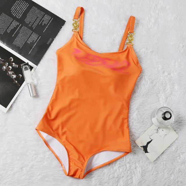 V8886-Bikini estampado de ganchillo para mujer, traje de baño con tirantes y cuello Halter, ropa de playa de una pieza, prendas de vestir: Naranja / M