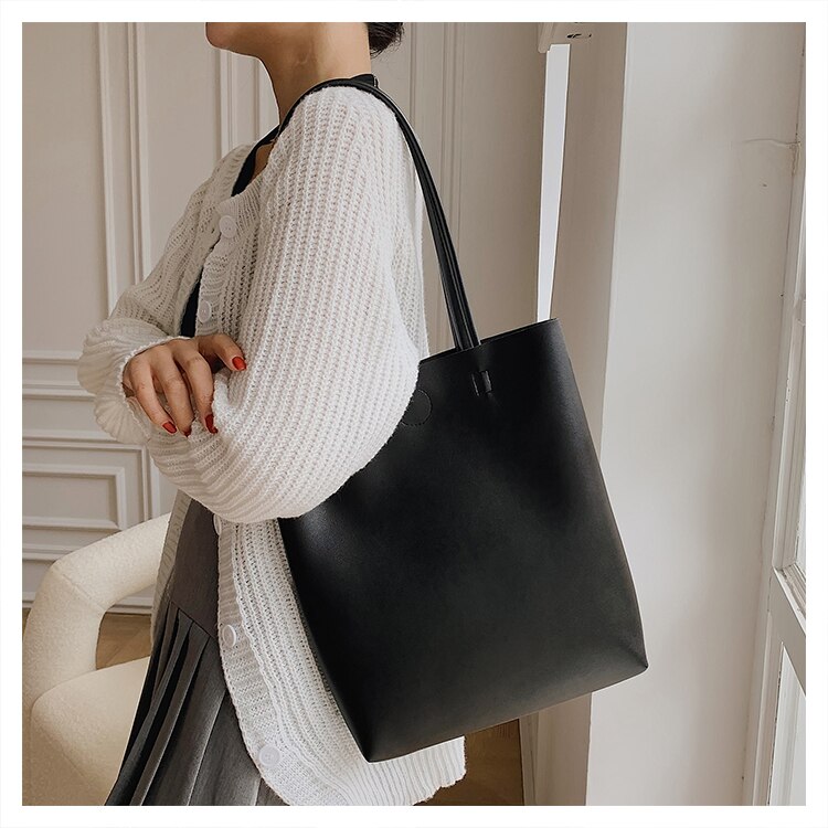 Casual Women Shoulder Bag PU Leather Tote Handbag Winter Shopping Bags Soft Leather Lady Purse Bags High Capacity Totes: Black Style 2